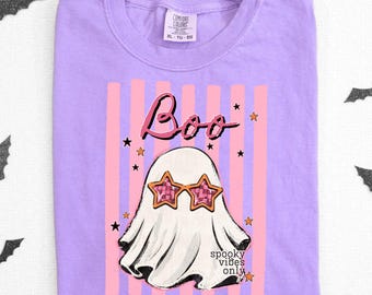 Fantasma BOO PNG | Fantasma retrô de Halloween com óculos de sol em formato de estrela | Design moderno para sublimação na temporada assustadora | Download de PNG para camiseta de Halloween
