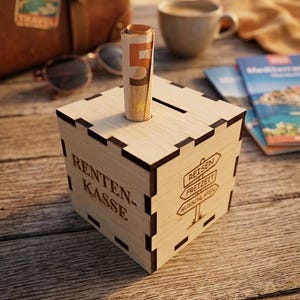 May include: A light-colored wooden money box with a slot on top containing a rolled five-euro bill. The front panel features the text RENTEN-KASSE, while the side panel displays a signpost graphic with the words REISEN, FREIZEIT, and AUSSCHLAFEN.