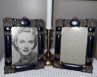 Vintage Hollywood Regency Picture Frame Set Navy Blue Gold Ornate 5x7 Pair Baroque Decor