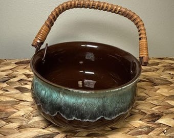 Vintage Unicorn Japan Pottery Basket Bowl Brown Green Drip Glaze Rattan Handle