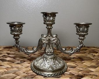 Ornate Silver Tone 3 Arm Candelabra Candle Holder Rococo Baroque 7.5” China