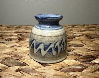 Vintage Studio Pottery Mini Bud Vase Blue Tan Glazed Stoneware 2.2” Handmade