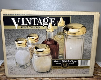 Vintage GEMCO 6 Piece Cruet Set NOS Brass Lid Oil Vinegar Salt Pepper Sugar Kitchen Decor