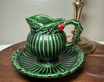 Vintage INARCO Japan Holly Creamer Attached Plate Set Green Christmas Berry Decor
