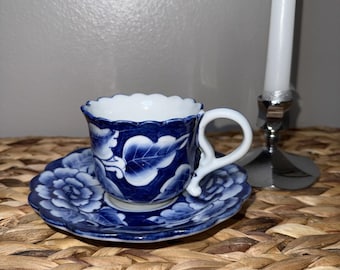 Vintage Blue White Floral Cup & Saucer Set TC Commercial Thailand Stoneware Cottagecore Tea Cup