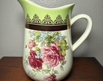 Hallmark Floral Porcelain Pitcher Roses Green Gold Trim Cottage Decor