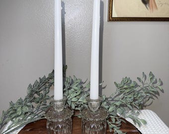 Vintage Cut Glass Reversible Candleholders Pair Art Deco Style Crystal Look 4.5” Candlesticks