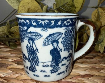 Vintage Japanese Geisha Stoneware Mug: Blue Gray Speckled Pottery Cup (3.5 Inch)