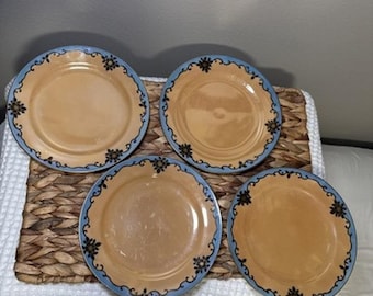 Vintage Meito China Japan Hand Painted Plates Set 4 7.7” Blue Peach Gold