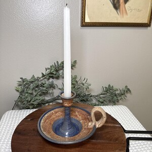 Signed Studio Pottery Chamberstick Candlestick Blue Speckled Stoneware Candle Holder with Handle Handmade Vintage