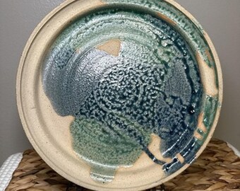 Studio Pottery Pie Plate 10” Teal Blue Glazed Stoneware Signed Handmade