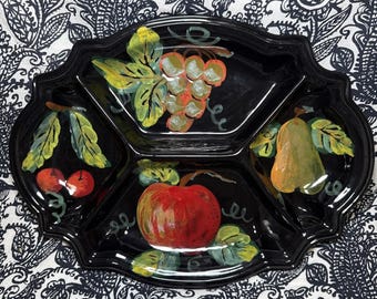 Vintage Italian Artimino Tuscan Fruit Dvided Serving Tray | Hand-Painted Black Pottery | Italy