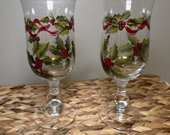 Vintage Christmas Holly Berry Ribbon Stemmed Water Goblets Hand Painted Set of 2