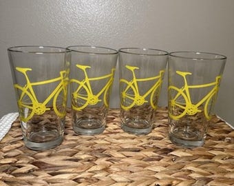 Vintage Yellow Bicycle Drinking Pint Glasses Set of 4 Tumblers Retro Bike 5.7”
