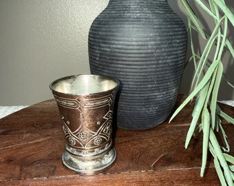 Vintage Silver Plate Cordial Cup Engraved Pedestal Shot Glass EU Beaker 2.5”