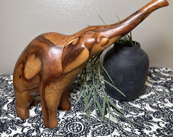 Vintage Hand Carved Wood Elephant Statue Trunk Up Heavy Boho Decor 9"
