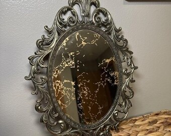 Vintage Ornate Gold Tone Metal Oval Mirror Baroque Rococo Gold Splatter 13”