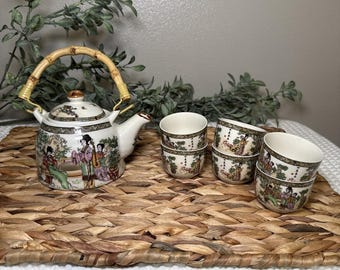 Chinese Famille Rose Porcelain Tea Set Teapot 6 Cups Bamboo Handle Vintage