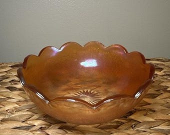 Vtg Jeannette Marigold Carnival Glass Crackle Bowl 7” Scalloped Rim Iridescent