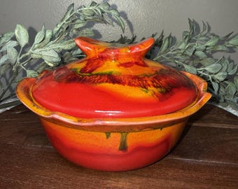 Vintage Maurice of California Covered Casserole Dish: Red Drip Glaze MCM Pottery (6.5 Inch)