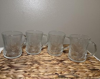 Arcoroc Canterbury Crocus Clear Glass Mugs Set of 4 Floral France Vintage