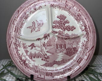 Vintage Johnson Brothers Old Britain Castles Divided Plate – Red Transferware Chinoiserie Serving Dish