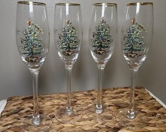 Spode Christmas Tree Champagne Flutes Set of 4 Gold Rim 10.25” Holiday Glasses
