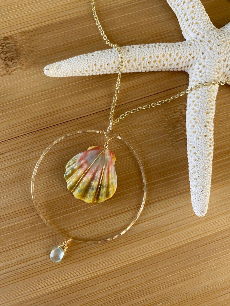 Sunrise Shell and Aqua Chalcedony Hoop Necklace made in hawaii