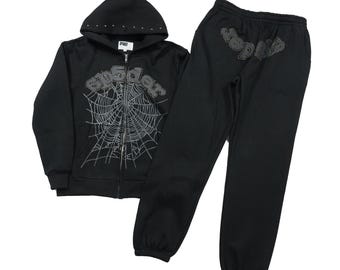 Zestaw dresowy z ćwiekami Spider Web: obszerna bluza z kapturem na zamek, spodnie dresowe – Y2K Streetwear Fleece
