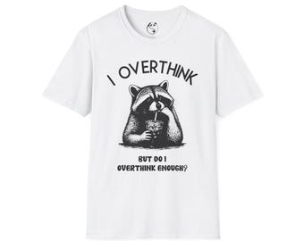 Camiseta gráfica de mapache "Pienso demasiado" / Camiseta con dibujo humorístico de un animal