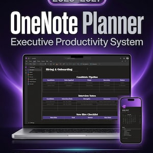 May include: A laptop and smartphone display a digital planner with the text "OneNote Planner Executive Productivity System" and the years "2026-2027." The laptop screen shows a hiring and onboarding interface. The smartphone displays a calendar. The image includes the text "750+ Pages," "Fully Hyperlinked," and "Daily Goals Projects."