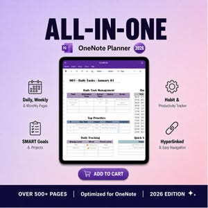 Modello OneNote 2026 Agenda digitale Tutto in uno Sistema di produttività Organizzatore giornaliero, settimanale e mensile Monitoraggio delle abitudini Definizione degli obiettivi