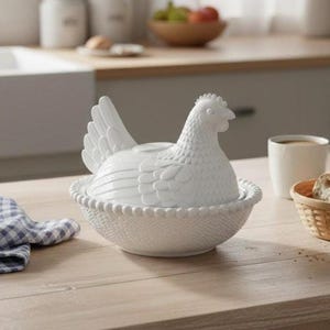 Plato vintage con gallina en su nido, decoración de cocina rústica