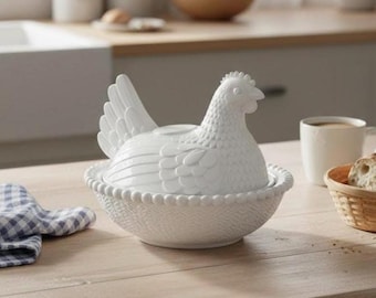 Vintage höna på boet täckt fat, lantlig köksinredning