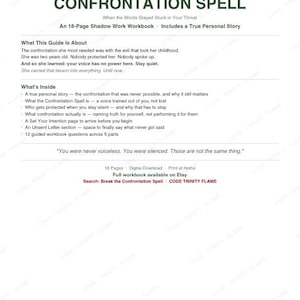 May include: A white workbook titled "BREAK THE CONFRONTATION SPELL" with black text. The workbook includes an 18-page shadow work guide and a true personal story. The text describes the guide's content and what's inside, with a call to action to search for the workbook on Etsy.