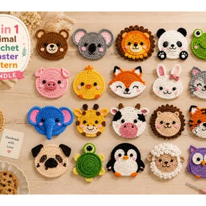 May include: A collection of 20 crochet animal coasters in various designs, including a bear, koala, lion, panda, frog, pig, chick, fox, rabbit, cat, elephant, giraffe, cow, tiger, pug, turtle, penguin, sheep, and owl. The coasters are handmade and colorful.