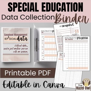 May include: A white binder with the text "SPECIAL EDUCATION Data Collection Binder" and "Caseload Management & IEP GOAL data." Includes printable PDF forms for data collection, with the text "Printable PDF Editable in Canva."
