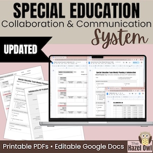 Könnte beinhalten: Ein Laptop mit einem Special Education Collaboration & Communication System. Der Bildschirm zeigt ein Planungsdokument mit Abschnitten für Lesen, Schreiben und Mathematik. Zusätzliche druckbare PDF-Dokumente sind sichtbar. Der Text "UPDATED" ist prominent.