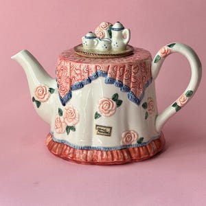 1988 Fitz and Floyd Novelty Tekanna, Mini Tesetlock, Rosa Rosor Paisley (Keramik)