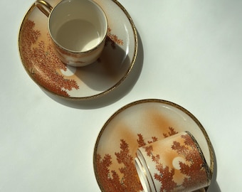 Set di 2 tazzine da caffè Satsuma antiche — Giappone Meiji, Maple Moon, firmate