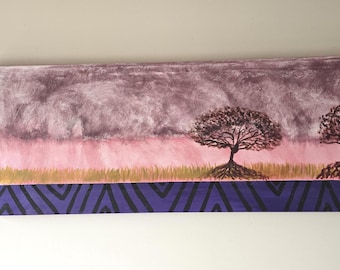 Oversized Modern Landscape Canvas Art | Pink Sky Tree Painting, Statement Decor