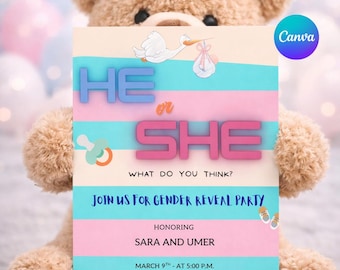 Invito per rivelare il sesso del bambino, Lui o Lei, color pastello, modificabile da Canva (download digitale)