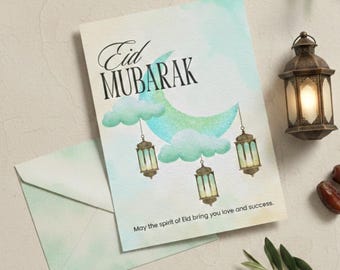 Biglietto Eid Mubarak 5x7 / Design minimalista con lanterna a mezzaluna (download digitale)