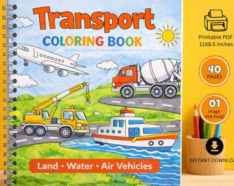 Transport Coloring Book for Kids, Land Water Air Vehicles, Preschool Activity (Digital Download)
