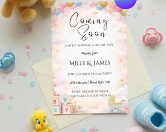 Pastel Balloons Gender Reveal Invitation | Editable Canva Template (Digital Card)
