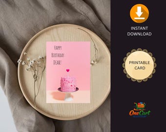 Biglietto di auguri di compleanno con torta rosa, auguri minimalisti, design elegante (download digitale)