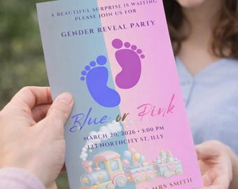 Modello di invito per la rivelazione del sesso del nascituro / Modificabile con Canva / Invito alla festa digitale e stampabile 5x7" / Download immediato