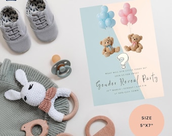 Invito per la rivelazione del sesso del bambino con orsacchiotto, biglietto per baby shower dai colori pastello (12,7 x 17,8 cm)