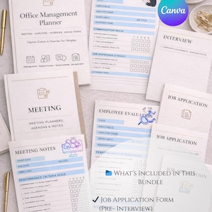 Puede incluir: Un paquete de planificador de gestión de oficina con formularios para reuniones, evaluaciones de empleados y entrevistas. Incluye un formulario de solicitud de empleo, un formulario de evaluación de entrevistas, un formulario de evaluación de empleados y un formulario de elementos de acción.