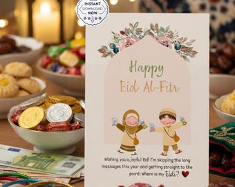 Biglietto di auguri per l'Eid Al-Fitr / Auguri per l'Eid per bambini / Design islamico in colori pastello (download digitale)